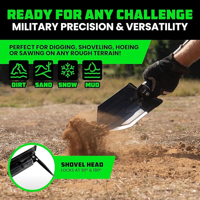 Rhino USA Survival Shovel w/Pick - Heavy Duty Carbon Steel Military Style Entrenching Tool for Off