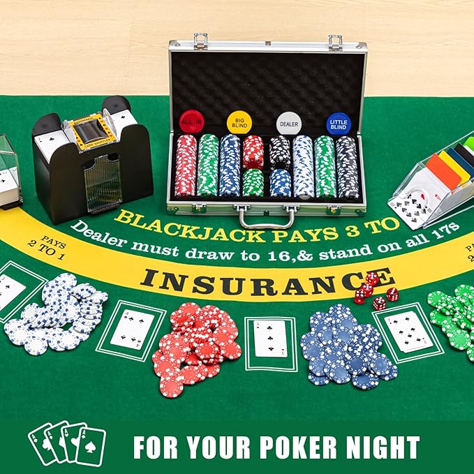 Aoriher Blackjack Casino Game Set, Include 300 Poker Chips, Casino Felt 1 Automatic Card Shuffler 6