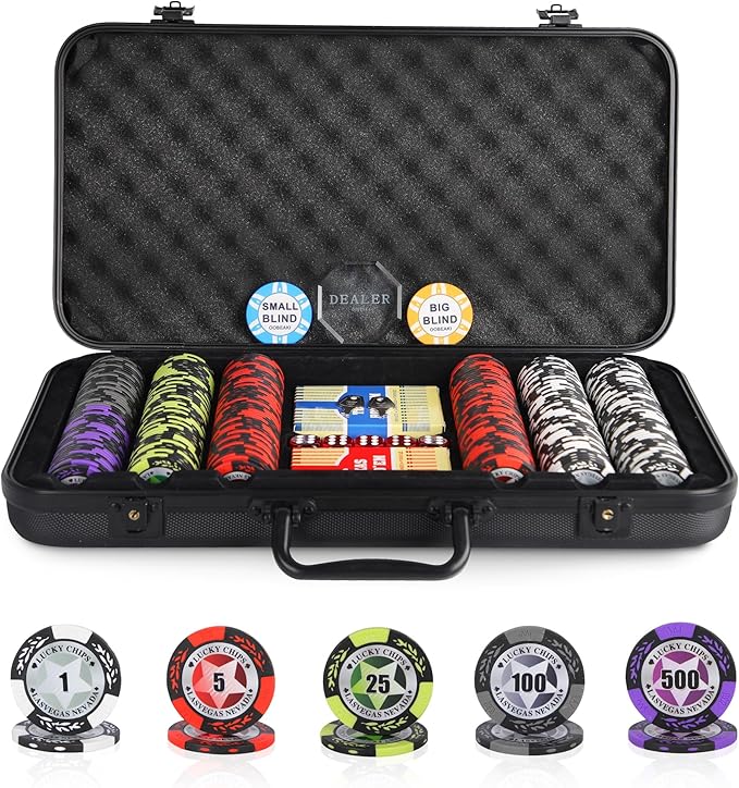 ORIENGEAR Poker Chip Set with Denominations, 300 PCS 14 Gram Clay Composite Casino Chips with ABS