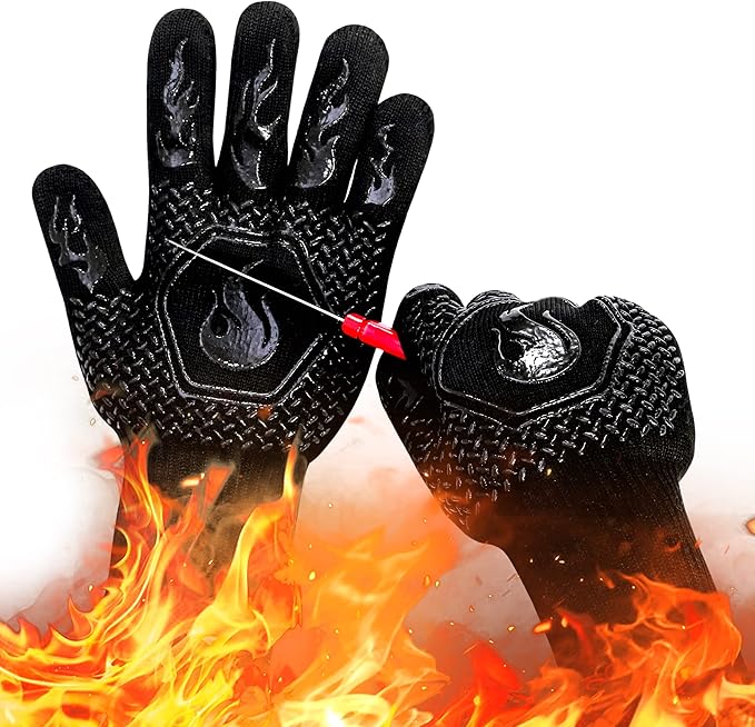 BBQ Fireproof Gloves, Grill Cut-Resistant Gloves 1472°F Heat Resistant Gloves, Non-Slip Silicone