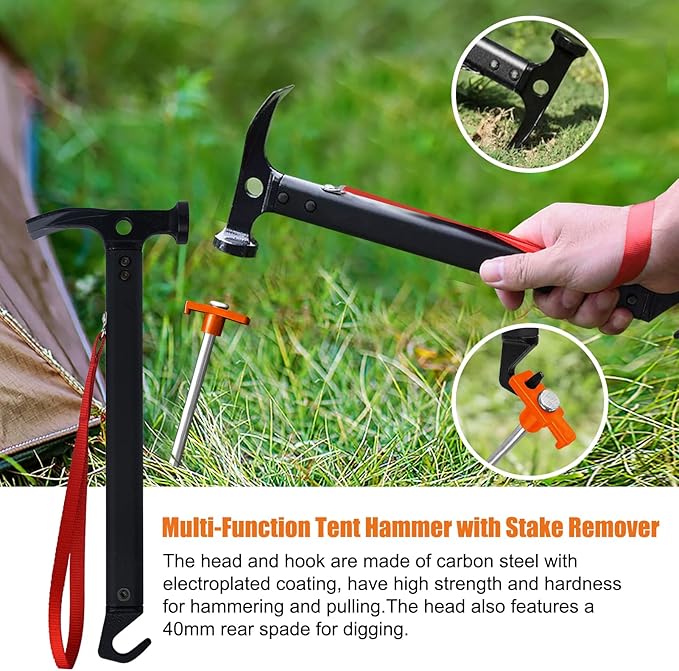 Eurmax USA Hiking Camping Tent Stakes and Hammer Set Lightweight Multi-Function Tent Hammer with