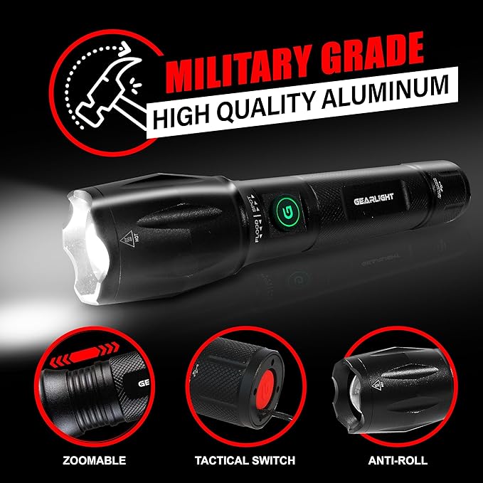 GearLight S1000 LED Tactical Flashlight - High Lumens, USB-C Fast Charging, Dual-Button, IPX4