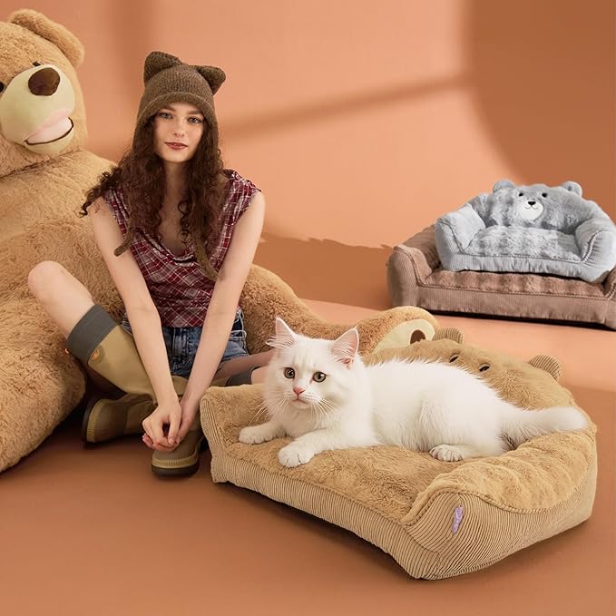 LE SURE Cute Cat Couch for Pets - Fluffy Original Bear Design for Small Dog Bed, Supportive Dog