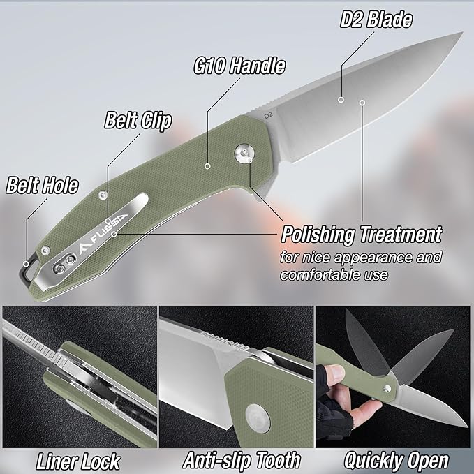 FLISSA Pocket Knife, Folding Tactical Knife with G10 Handle, D2 Blade, Liner Lock, Pocket Clip, EDC