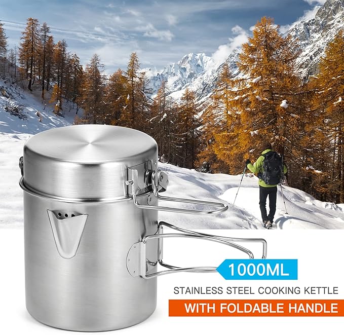 Lixada Camping Cooking Kettle 1L Stainless Steel Pot with Foldable Handle and Dual Use Cover