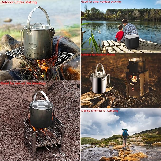 Camping Tea Kettle, Portable 1.2L Coffee Pot, Outdoors Camping Pot, with Handles and with Lids for