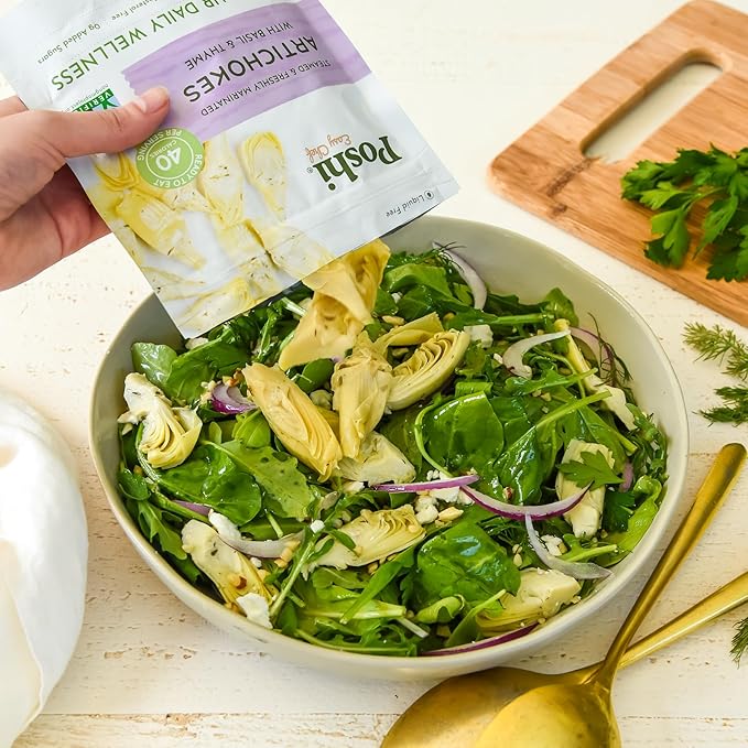 POSHI Marinated Artichoke Hearts with Basil + Thyme Natural, Keto, Vegan, Non GMO, Low Carb +