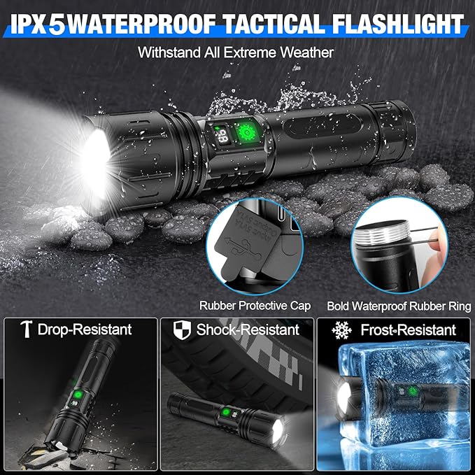 LED Flashlights High Lumens Rechargeable, Super Bright Powerful Flashlight, Type-C, 5 Modes