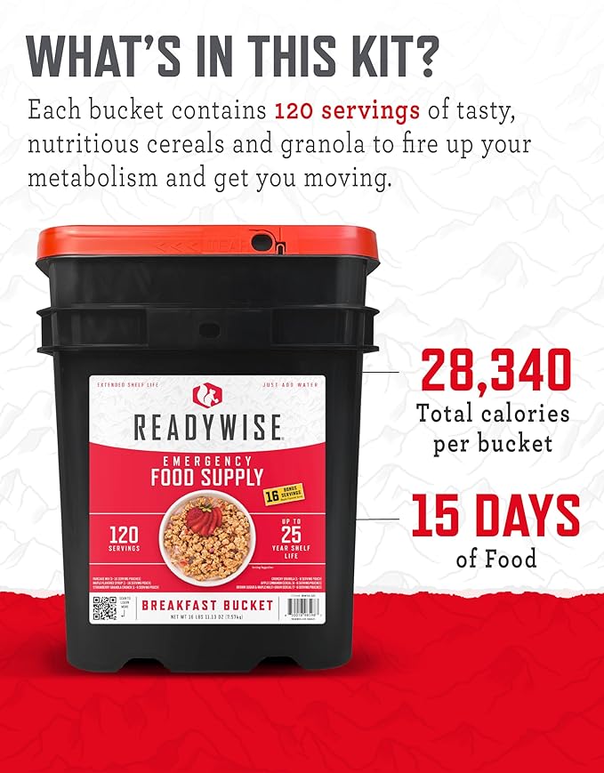 ReadyWise Emergency Food Supply - 120 Servings Breakfast Bucket, Freeze Dried & Dehydrated Meals