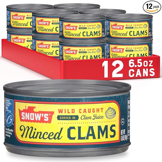 Snow's Wild Caught Minced Clams Canned, 6.5 oz Can (Pack of 12) - 5g Protein Per Serving - Gluten