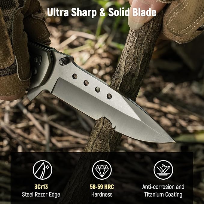 Pocket Knife for Men - Wood Handle Folding Pocket Knives with Clip, Glass Breaker - 3.46" Sharp