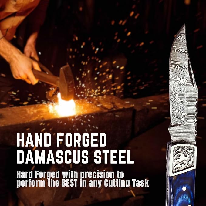 Handmade Damascus Pocket Knife for Men - 7.2 Inches Engraved Steel Damascus Folding Pocket Knife