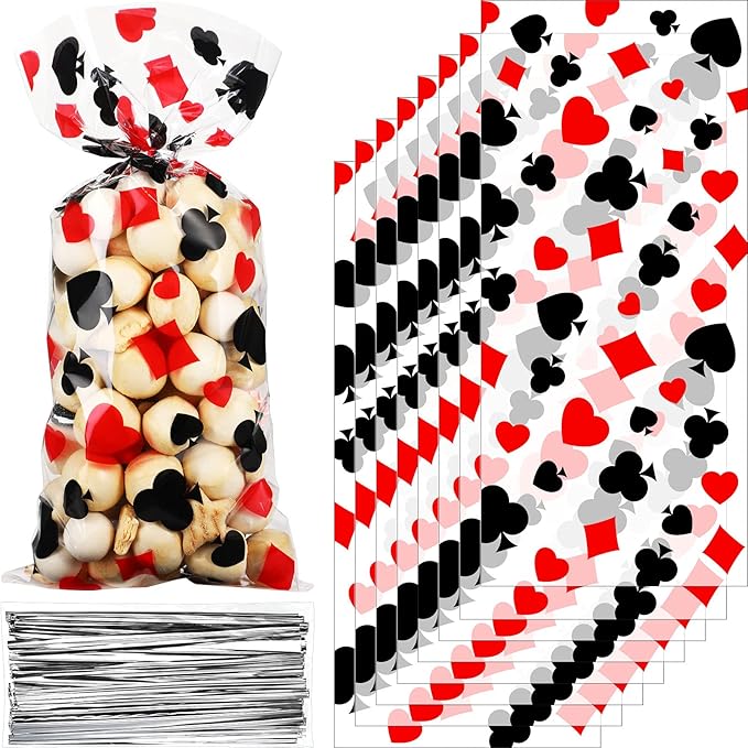 100 Pieces Casino Party Cellophane Treat Bags, Black Red Las Vegas Poker Plastic Candy Goodie Bags