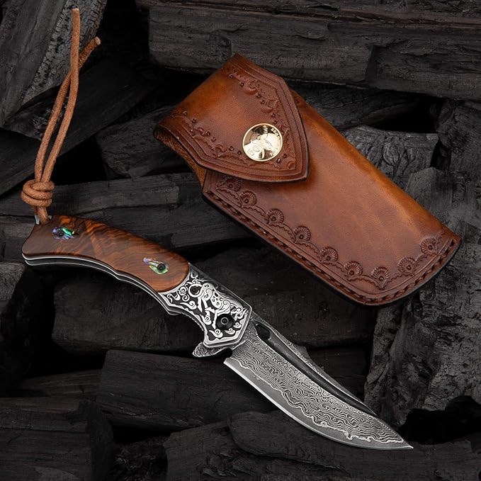 Handmade Japanese VG10 Damascus Steel Folding Knife,Rosewood Liner Lock Handle, Leather Sheath,EDC