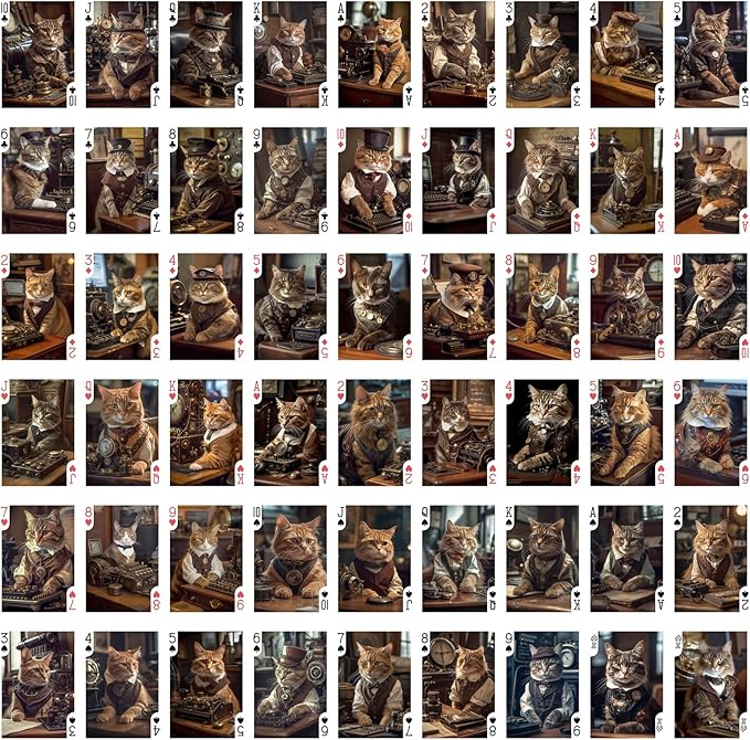 Steampunk Cats Playing Cards (Poker Deck 54 Cards All Different) Cats Working in Steampunk Office