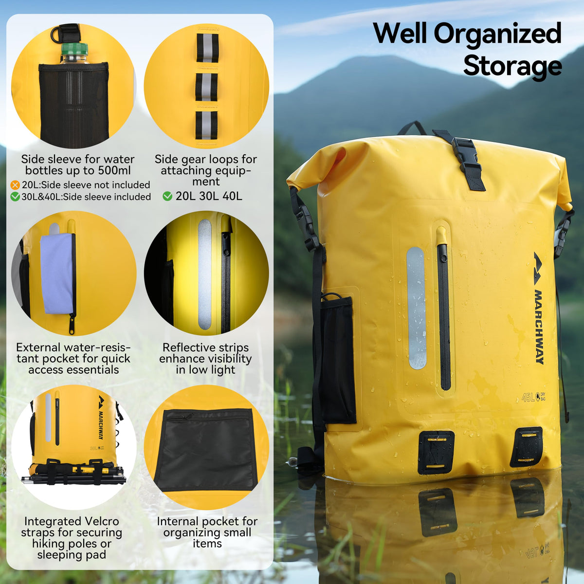 MARCHWAY Roll Top Waterproof Backpack, Floating Dry Bag 20L/30L/45L with Ergonomic Rectangular