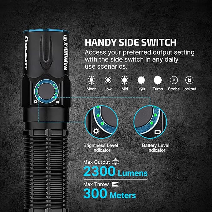 OLIGHT Warrior 3S 2300 Lumens Rechargeable Tactical Flashlight, Compact Dual-Switches LED Bright