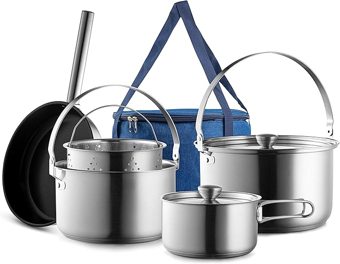 Camping Cookware Set 304 Stainless Steel 8-Piece Pots & Pans Open Fire Cooking Kit | Frying Pan