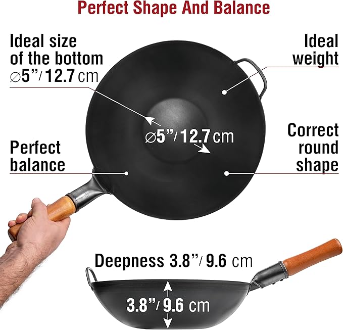 YOSUKATA 13.5" Carbon Steel Wok Pan – Pre-Seasoned Flat Bottom Pow Wok for Stir Fry, BBQ, Grill &