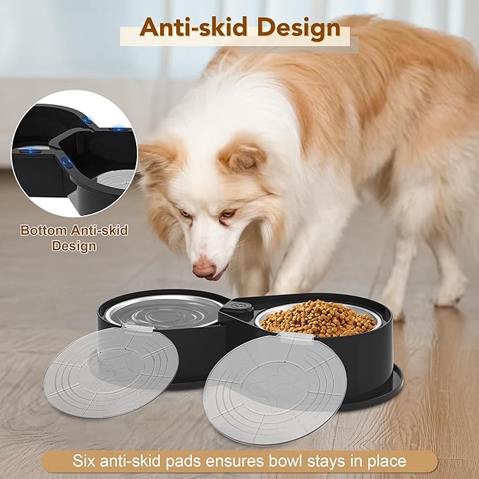 Stainless Steel Dog Bowl Set with Lids, 304 Metal Dual Food & Water Bowls for Dogs & Cats, Foldable