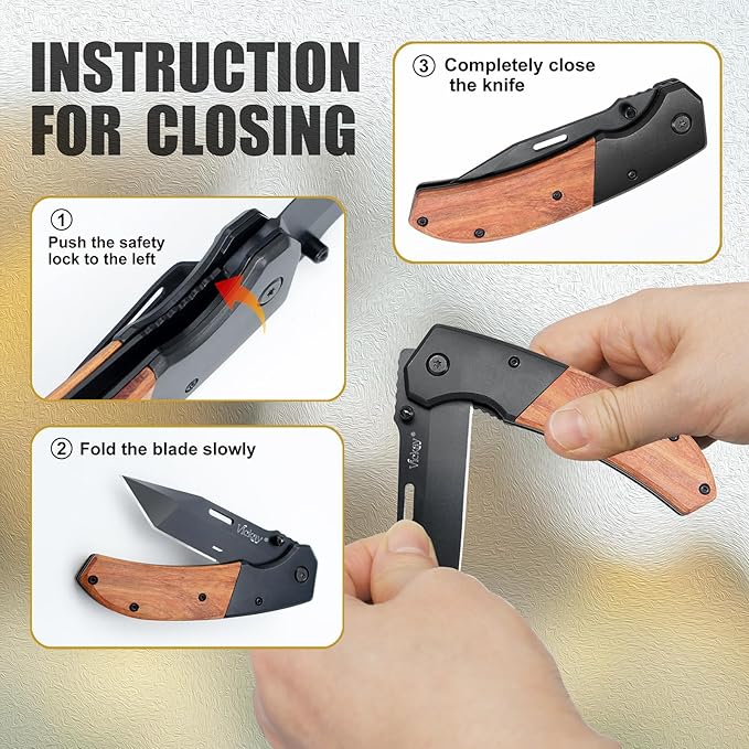 Vickay Pocket Knife, Folding Knife with Clip - 3.54??Steel Blade, Wood Handle EDC Knife for Men &
