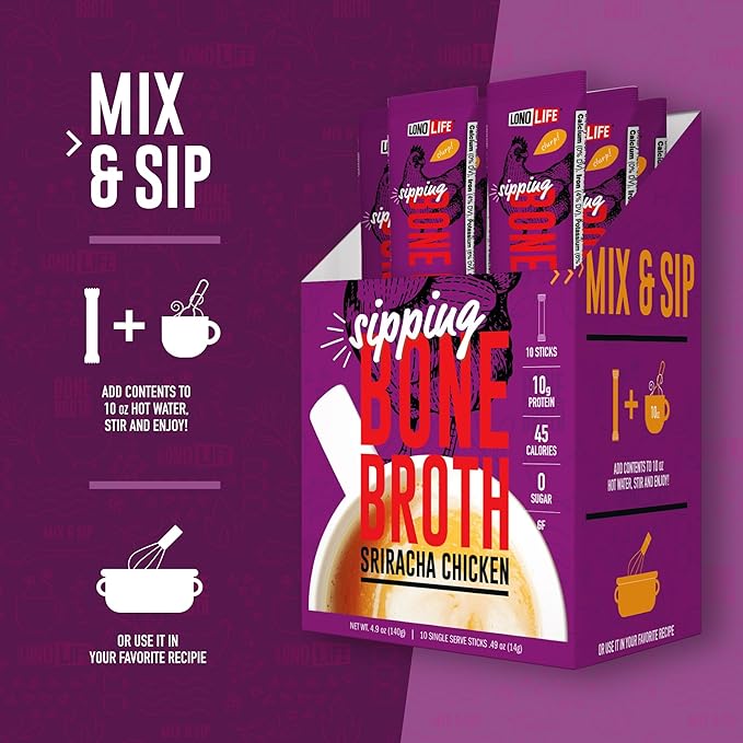 LonoLife Sriracha Chicken Bone Broth Powder Mix | 10g Protein | Collagen-Rich, Keto & Paleo