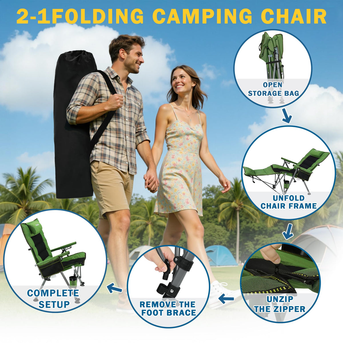 Folding Reclining Camp Chair with Footstool for Camp, Picnic, Lawn, Fishing