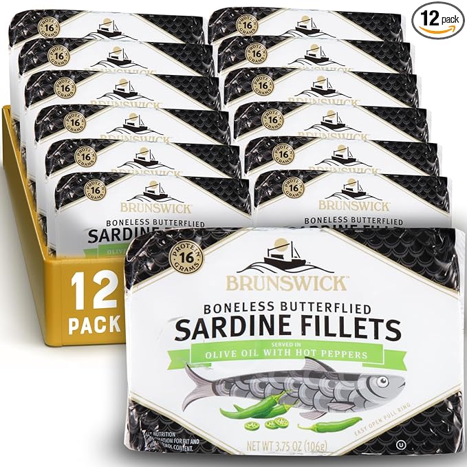 Brunswick Sardines in Olive Oil with Hot Peppers, 3.75 oz Can (Pack of 12) - Boneless Butterflied