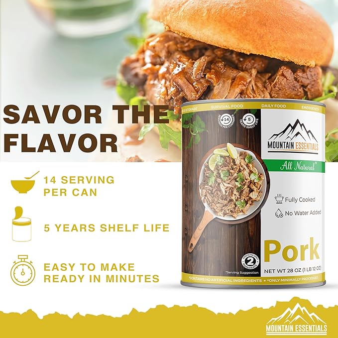 MOUNTAIN ESSENTIALS Canned Pork 28 Oz – Fully Cooked, Ready to Eat – Pantry Staple Canned Meat for