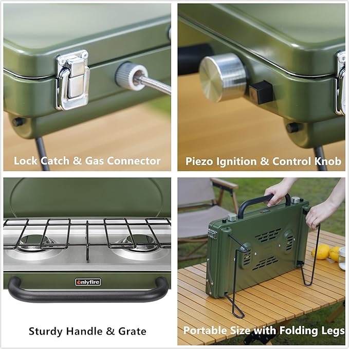 ONLYFIRE Portable Camping Stove 2-Burner, Propane Camp Stove with Foldable Legs, Camping Grill