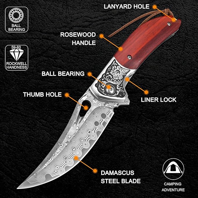 KOMWERO Damascus Pocket Knife for Men Women, Sharp VG10 Core Damascus Steel Knife for Outdoor