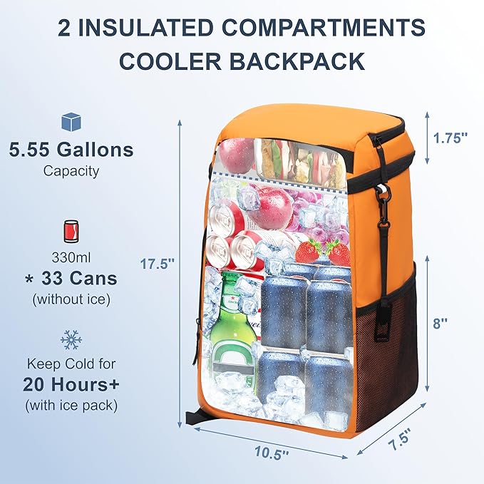 SPARTER Backpack Cooler Insulated Leak Proof 33/49 Cans, 2 Insulated Compartments Thermal Bag