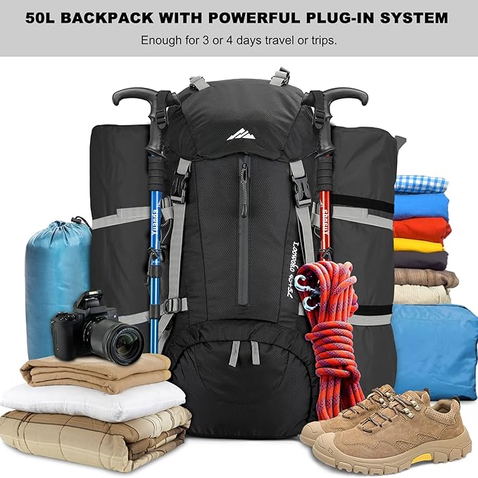 Loowoko 50L Hiking Backpack, Waterproof Camping Essentials Bag with Rain Cover, 45+5 Liter