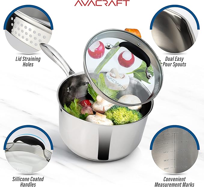 AVACRAFT Stainless Steel Saucepan with Glass Lid, Strainer Lid, Two Side Spouts for Easy Pour with