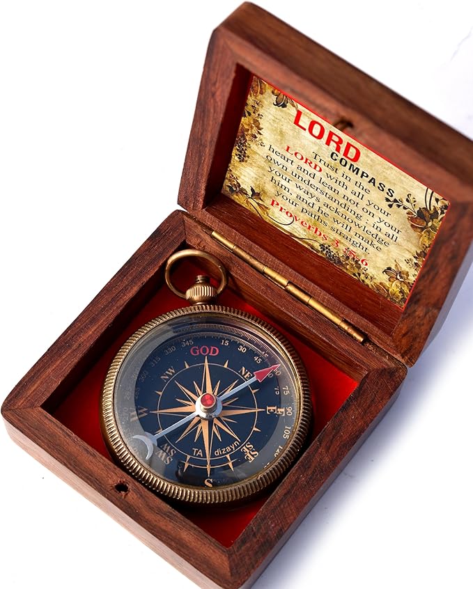 Trust in The Lord With All Your Heart - Proverbs 3:5-6 Quote Engraved Compass With Wooden Box