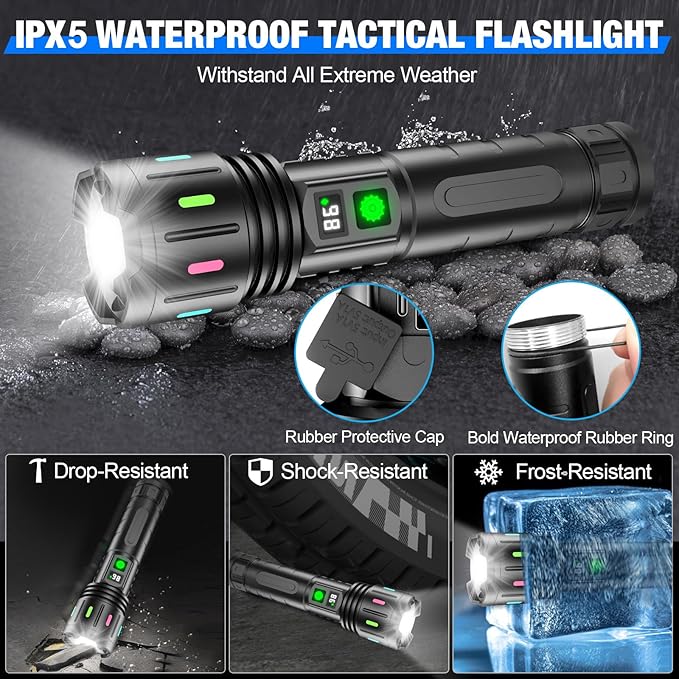 Flashlights High Lumens Rechargeable, Super Bright LED Powerful Flashlight, Type-C, 5 Modes