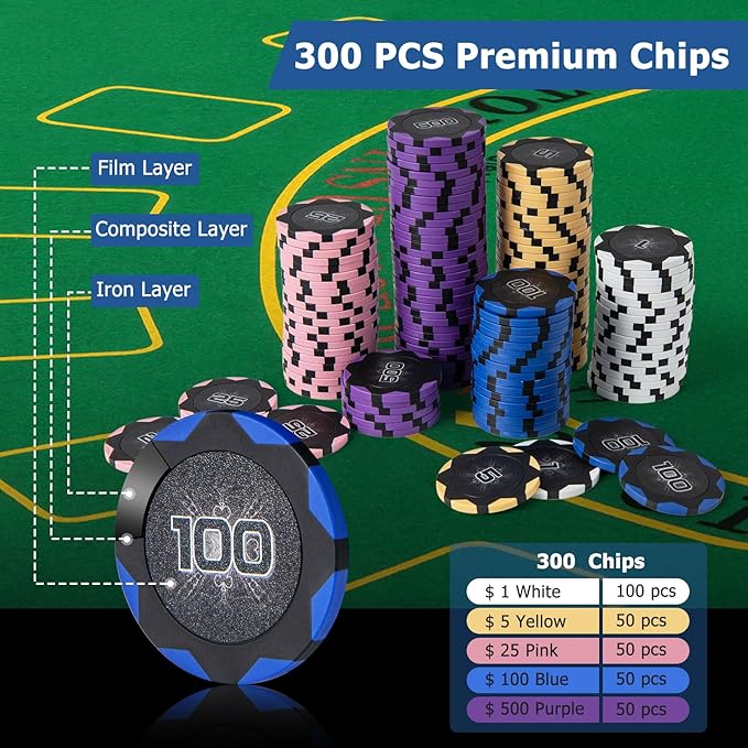 GYMAX Poker Chips Set, 300 PCS Texas Hold 'em Casino Chip Set w/Carrying Case, 6 Decks of Cards, 5