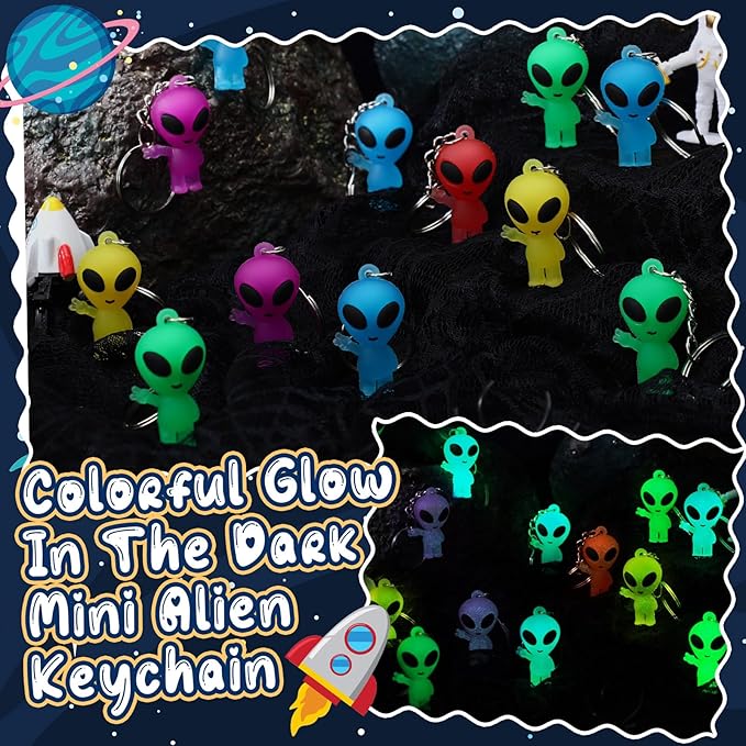 24 Pcs Alien Party Favors Alien Keychains Glow in The Dark Space Keychain Mini Aliens Figures