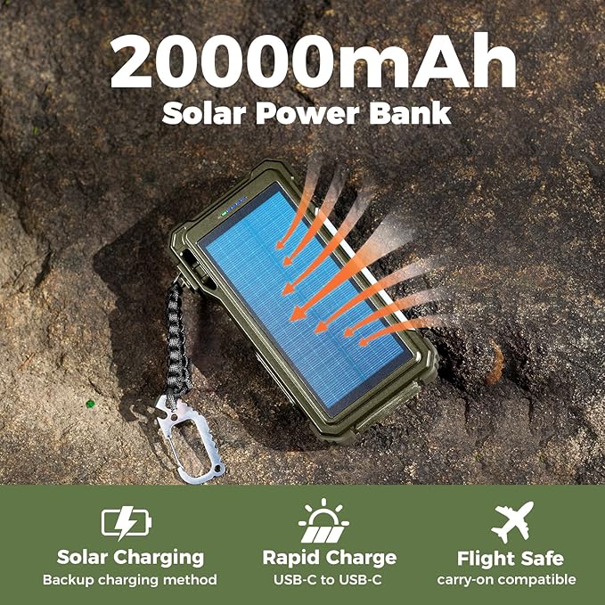 BLAVOR Solar Power Bank 20000mAh/74000mWh Built-in Cables, Wireless Charger for Apple Watch, 20W