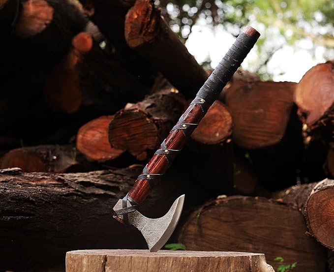 WAZIR Crafts Viking Axe | 17″ Hand-Forged Carbon Steel Tomahawk with Rosewood Handle & Leather