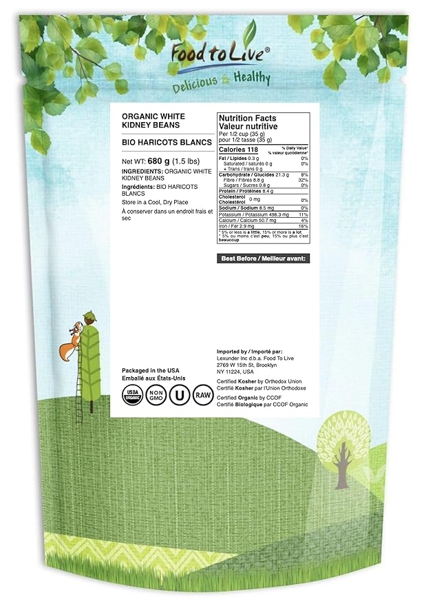 Food to Live Organic White Kidney Beans, 1.5 Pounds Whole Raw Dried Beans, Vegan, Kosher, Bulk.