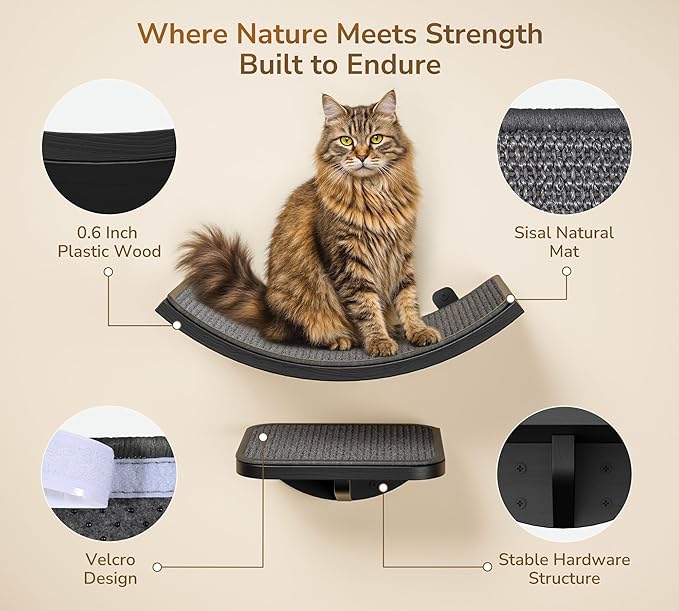 Gray Cat Wall Shelf with Grey Sisal Mat, Curved Cat Bed for Scratching and Resting, Wall Mounted
