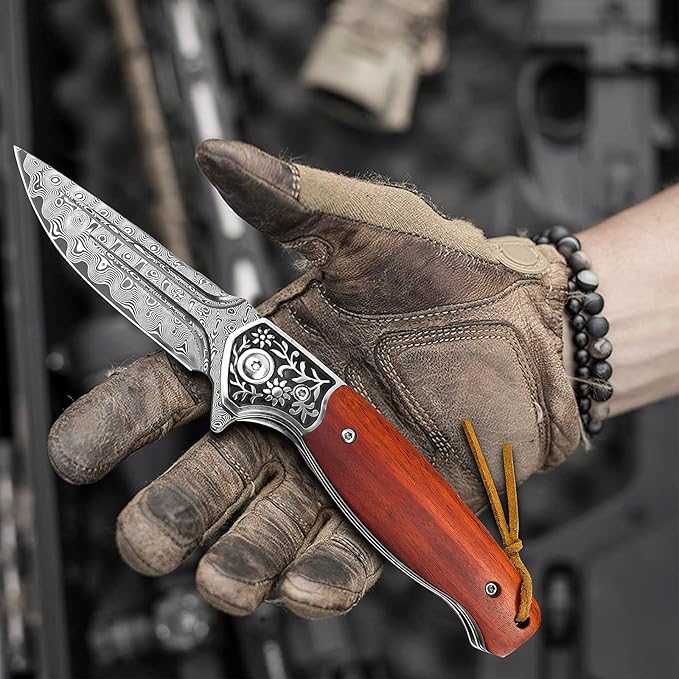 KOMWERO Damascus Pocket Knife, VG10 Damascus Steel Folding Knife with Wood Handle, Leather Sheath