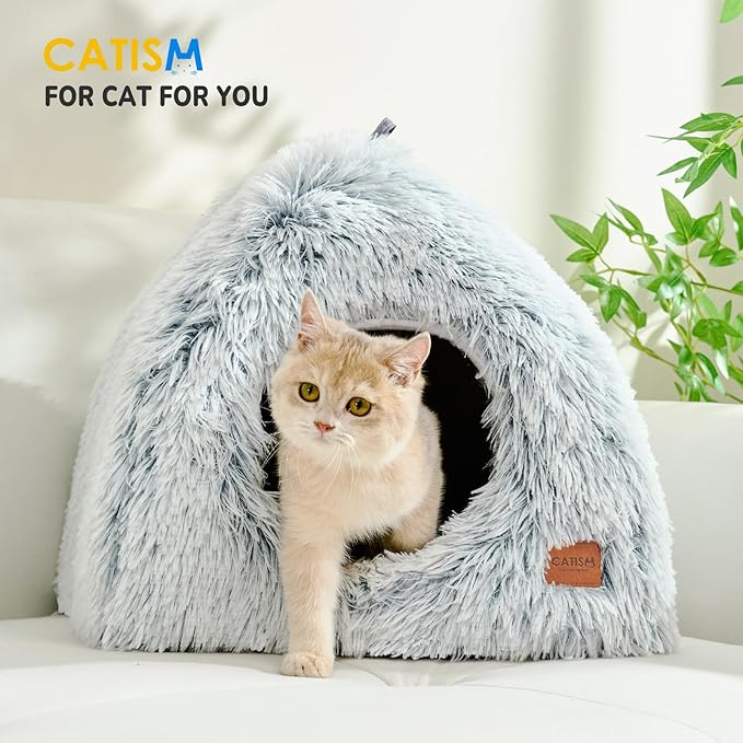 CATISM Cat Bed, Cat Cave for Indoor Cats, Soft Cat Dome, Self-Warming 2 in 1 Foldable Pet Cat House