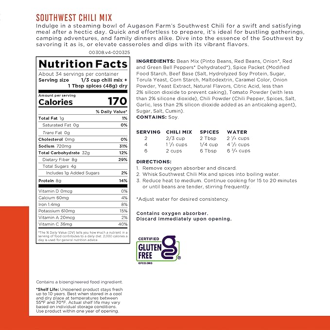 Augason Farms Southwest Chili Mix Can, Certified Gluten Free, Emergency Food Supply, Everyday