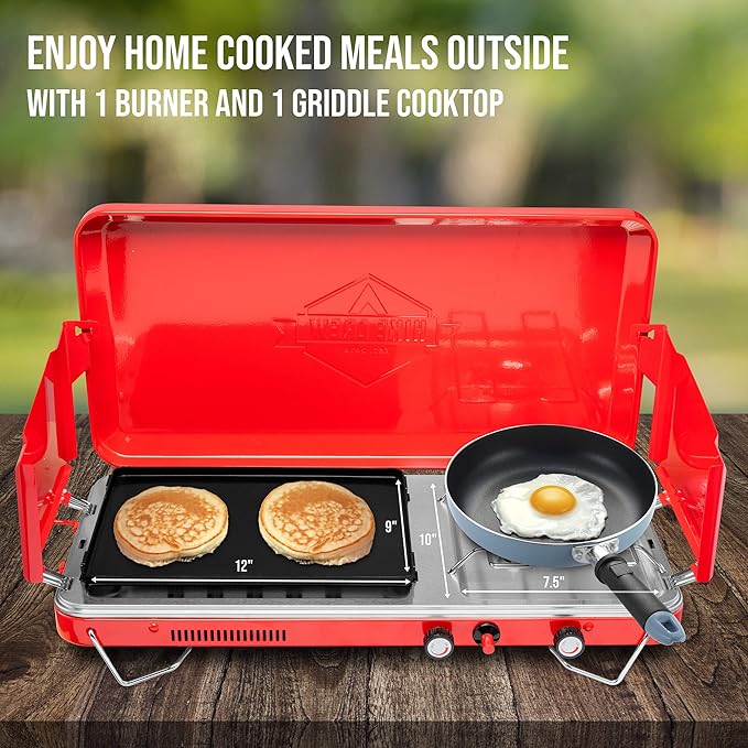 Hike Crew 2-in-1 Gas Camping Stove and Griddle, Portable Propane Burner w/Integrated Igniter &