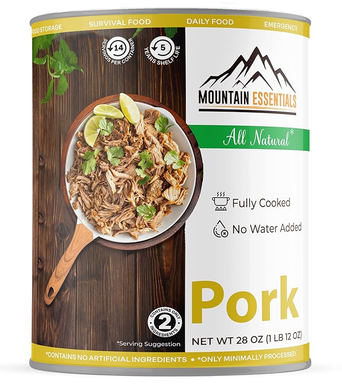 MOUNTAIN ESSENTIALS Canned Pork 28 Oz – Fully Cooked, Ready to Eat – Pantry Staple Canned Meat for