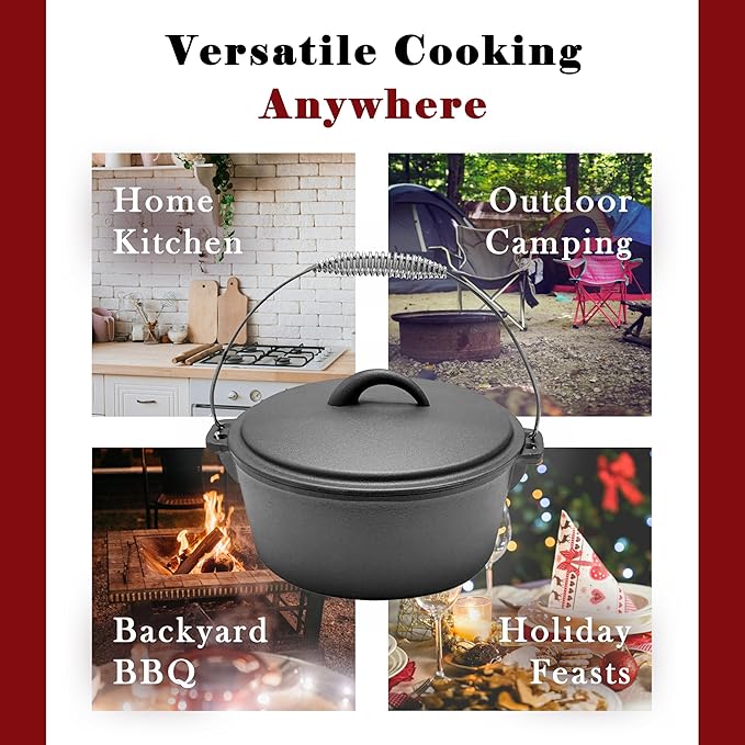 Cuisiland 4.5QT Cast Iron Dutch Oven with Dome Lid & Bail Handle – Pre-Seasoned Campfire Pot for