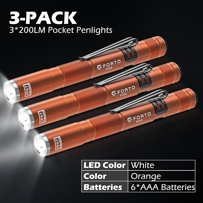 FORTO 3 Pack Pen Light 200 Lumen Pocket Flashlight, IP67 Waterproof and 2 Modes, with AAA Batteries