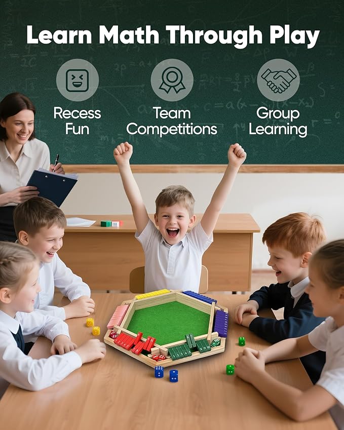 Original Classic 2-6 Player Shut The Box Game, Math Dice Board Game for Family Night Classroom